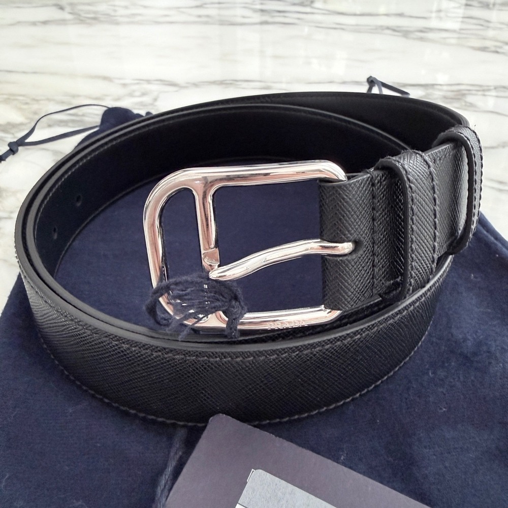 Prada 2CM275 Men's‎ Black Saffiano Leather Belt silver buckle, 100 cm